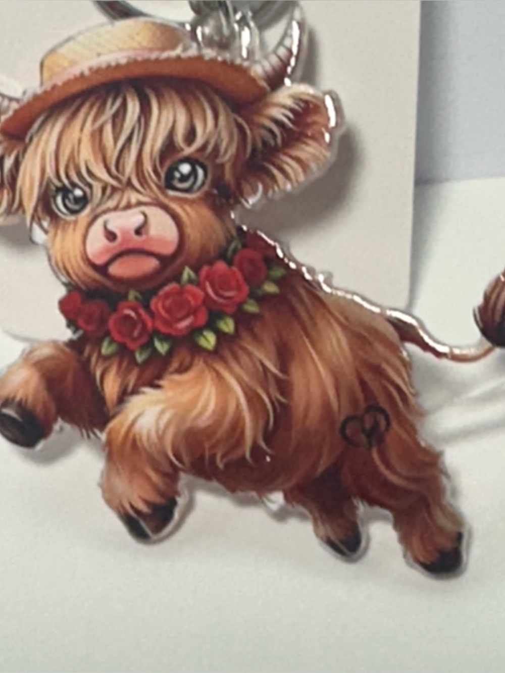 Cute Highland Cow Keychain - Brown with Red Rose Collar